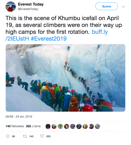 Bouchon vers le sommet de l'Everest en avril 2019